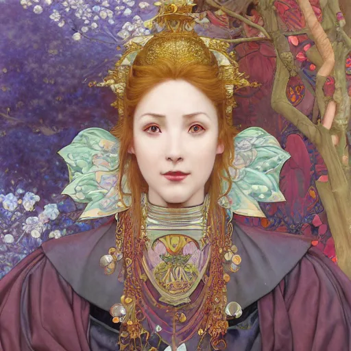 Image similar to Masterpiece portrait of Sakura Kinomot from Card Captro Sakura drawn by Donato Giancola and Tom Bagshaw, face by Artgerm and Edmund Leighton, Alphonse Mucha, background by James Jean and Gustav Klimt, 4k, posthuman, robotic body, porcelain skin, komorebi, french nouveau, trending on pixiv, octane render, hyperrealistic