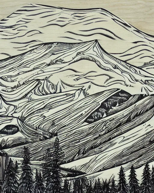 Image similar to an award winning Wood engraving on paper of Canadian mountains