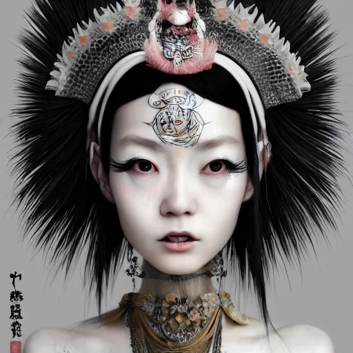 Image similar to japanese maid with extremely detailed headdress, inspired by die antwoord beautiful, hand painted textures, cloth physics, deviantart, karol bak, masamune shirow, black and white, beautiful lighting, photorealistic, concept art, perfect render, 3 d render, pixar, 8 k