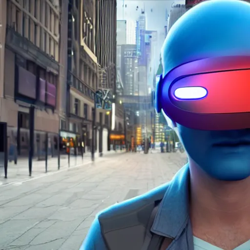 Image similar to Super hero wearing a virtual reality headset in big city, render, ray tracing