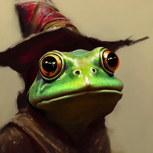 Image similar to Portrait of a medieval humanoid frog dressed like a wizard and carrying magic trinkets, painted by Craig Mullins, trending on ArtStation