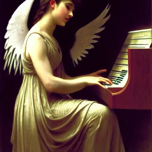 Image similar to an oil painting of an angel playing a synthesizer, by Bouguereau, highly detailed and intricate,