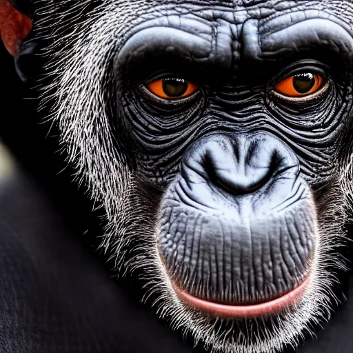 Image similar to a high detail shot of a chimp wearing a suit and smoking