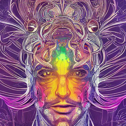 Image similar to the head of a beautiful handsome rainbow man, an ultrafine detailed illustration by james jean, final fantasy, intricate linework, bright colors, behance contest winner, vanitas, angular, altermodern, unreal engine 5 highly rendered, global illumination, radiant light, detailed and intricate environment