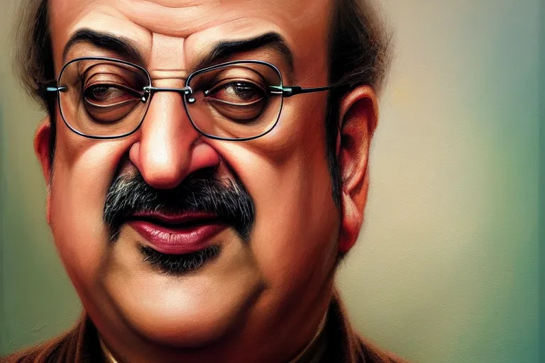 Image similar to poster portrait of salman rushdie. oil painting elegant, highly detailed, centered, digital painting, artstation, bollywood, india, concept art, smooth, sharp focus, illustration, artgerm, tomasz alen kopera, peter mohrbacher, donato giancola, joseph christian leyendecker drew struzan