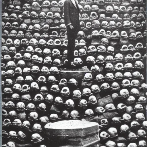 Image similar to a man standing on top of countless skulls, vintage picture from the early 1900’s