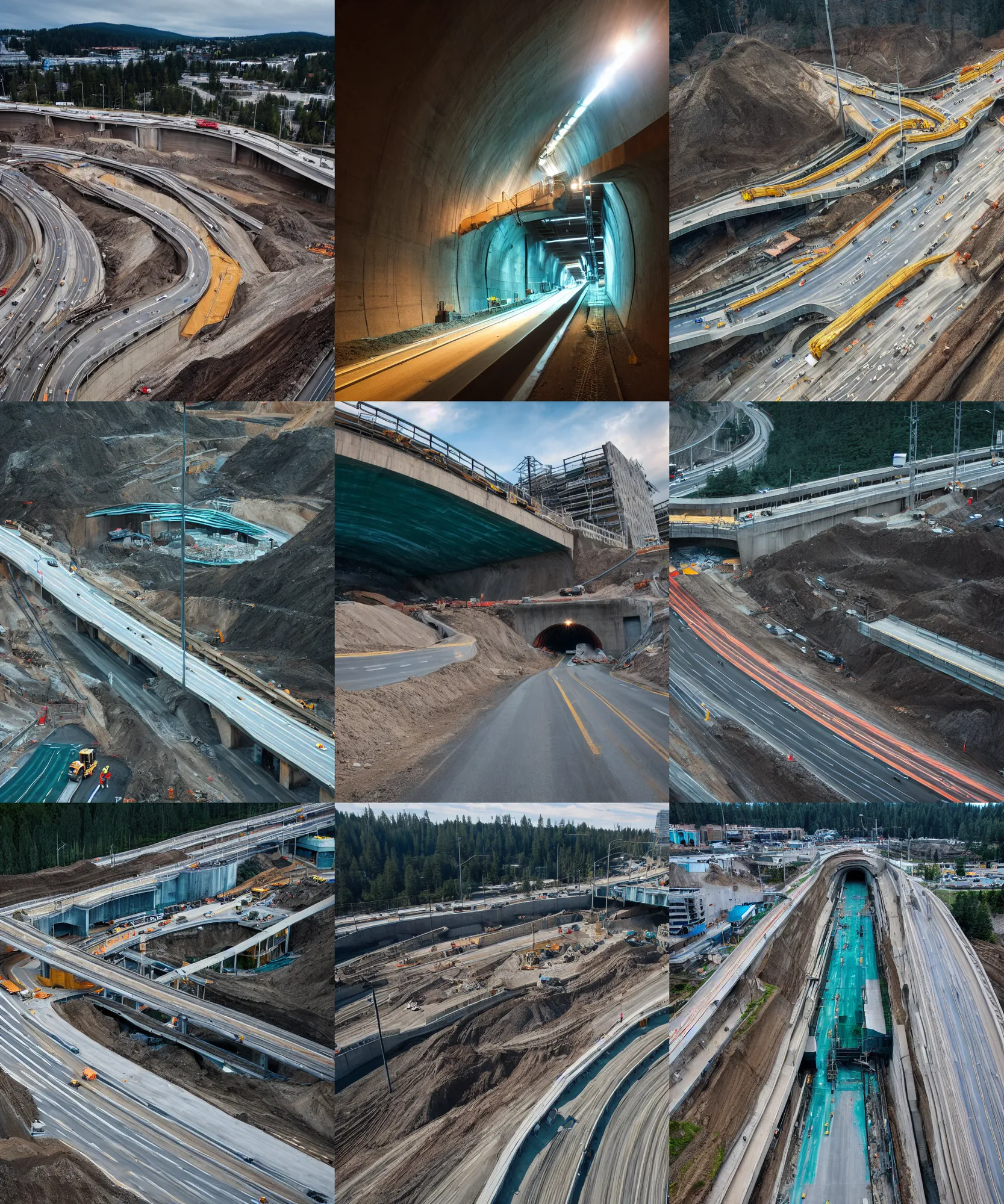 Prompt: establishing shot of roadway tunnel construction, an apartment building directly above the tunnel construction, large highway entering the tunnel, wide establishing shot, dark teal lighting, soft dramatic lighting, sharp focus, 4 k digital camera