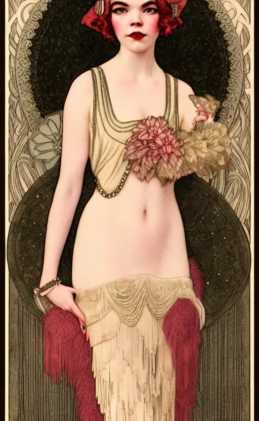 Prompt: flapper girl anya taylor-joy, beth harmon, thomasin, gina gray, casey cooke, traditional corsican, intricate, highly detailed, artstation, illustration, jurgens, rutkowski, bouguereau, mucha, roaring 20s, 1920s gaudy color