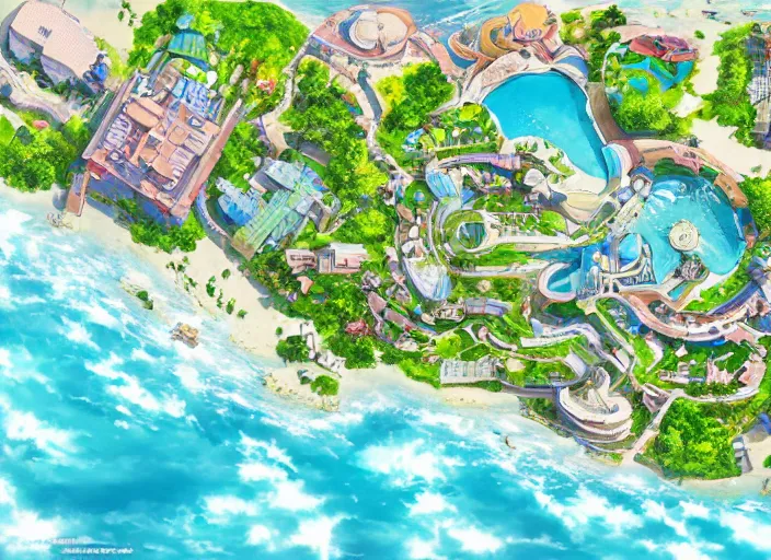 Prompt: down angled view of an anime resort, ocean, resort, beach, anime art, map