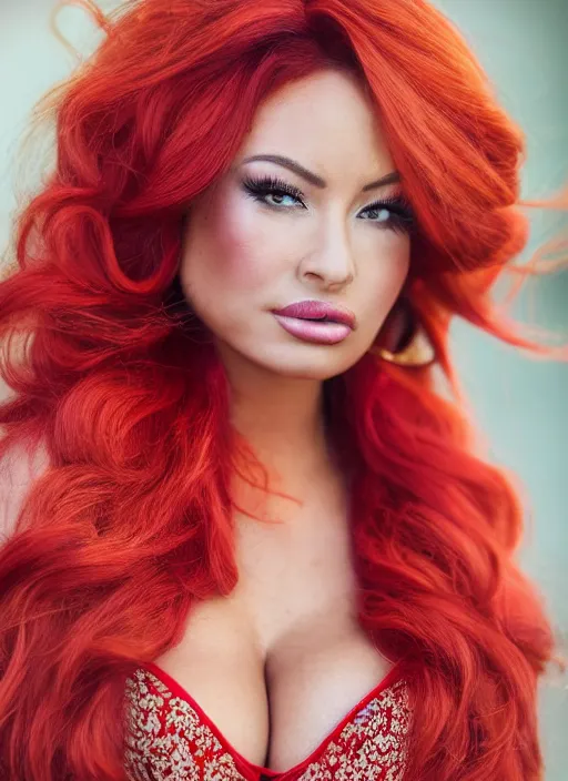 Prompt: portrait of lindsey pelas wearing kebaya with red hair, by charlotte grimm, natural light, detailed face, canon eos c 3 0 0, ƒ 1. 8, 3 5 mm, 8 k, medium - format print