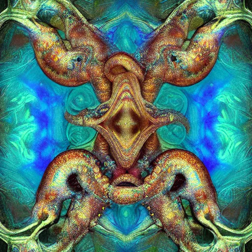 Image similar to a dramatic and beautiful digital matte painting of large iridescent octopus with legs made of fractal celtic knots, trending on cgartist, hi-fructose, mandala