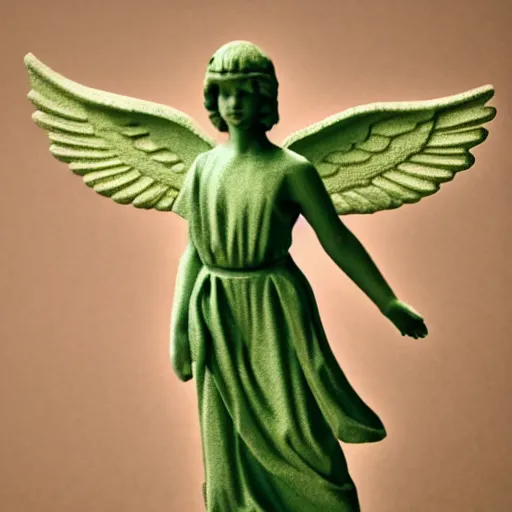 Image similar to A photo of a Biblically accurate angel that's been 3D printed in green filament. 50mm lens, f1.8.