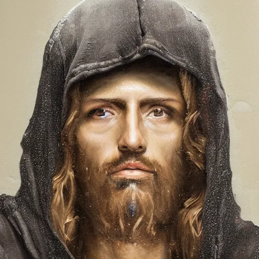 Prompt: a face portrait of modern - day jesus wearing hat and hoodie by nicola samori, hat and hoodie, detailed, oil painting, hyper - realistic, 8 k, yeezy collection