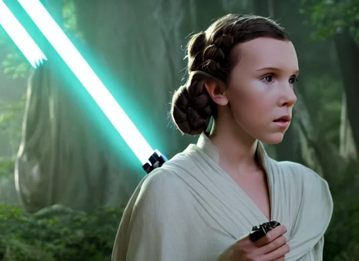 Prompt: film still of millie bobby brown as princess leia in star wars movie, long braided hair pulled back, closeup portrait, wearing long white robe with yoda on dagobah, deep focus, glamour pose, dramatic lighting, octane, mist, volumetric lighting, split scene, 8 k