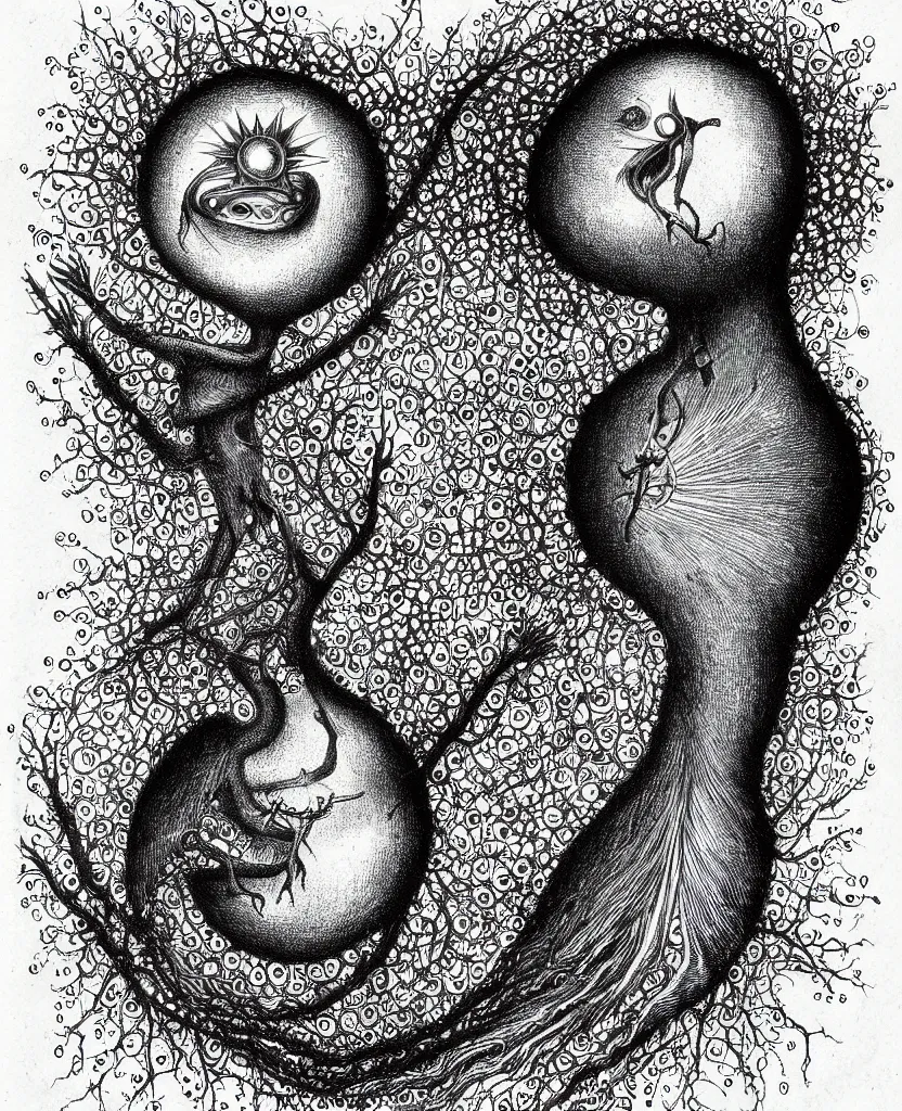 Image similar to whimsical freaky creature sings a unique canto about'as above so below'being ignited by the spirit of haeckel and robert fludd, breakthrough is iminent, glory be to the magic within, stipple shaded drawing by ronny khalil