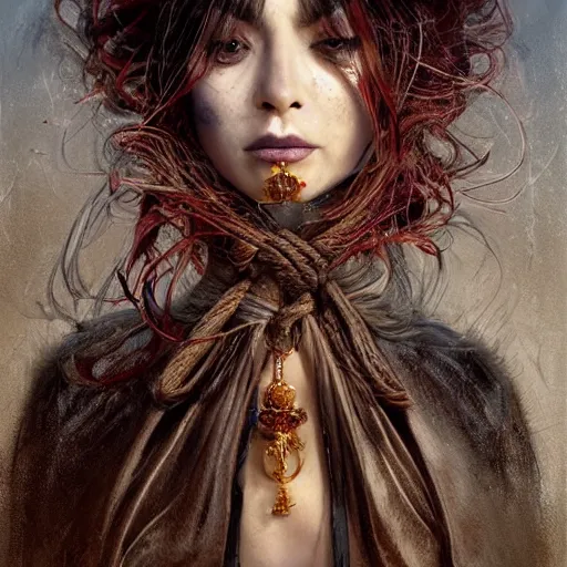 Image similar to portrait of a Shibari rope wrapped face and neck, headshot, insanely nice professional hair style, dramatic hair color, digital painting, of a old 13th century, traveler, amber jewels, baroque, ornate clothing, scifi, realistic, hyperdetailed, chiaroscuro, concept art, art by Franz Hals and Jon Foster and Ayami Kojima and Amano and Karol Bak,