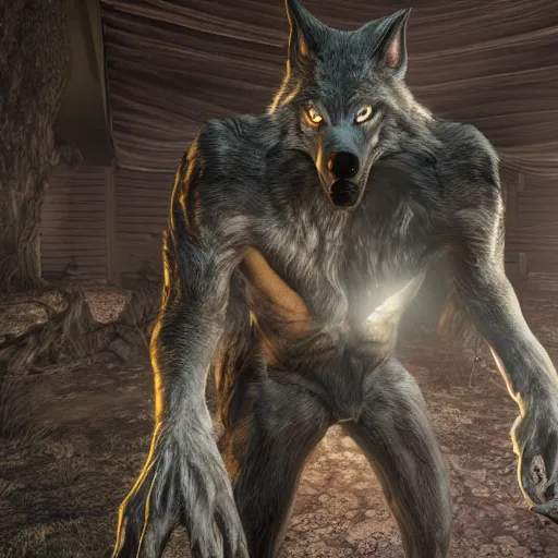 Image similar to werewolf hidden in the dark. higly detailed. unreal engine 5