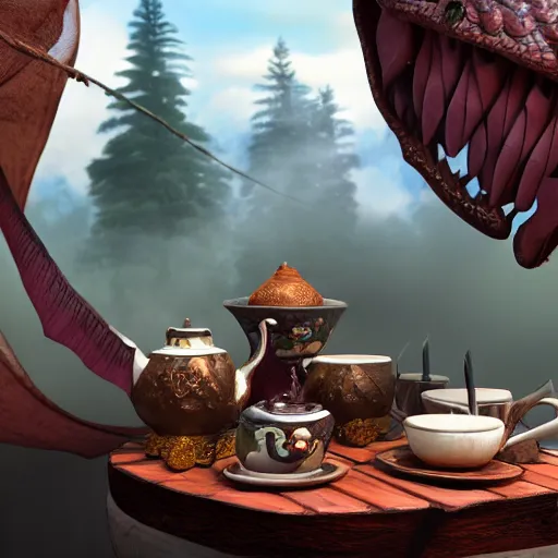 Image similar to western dragon teaparty, extremely detailed octane render