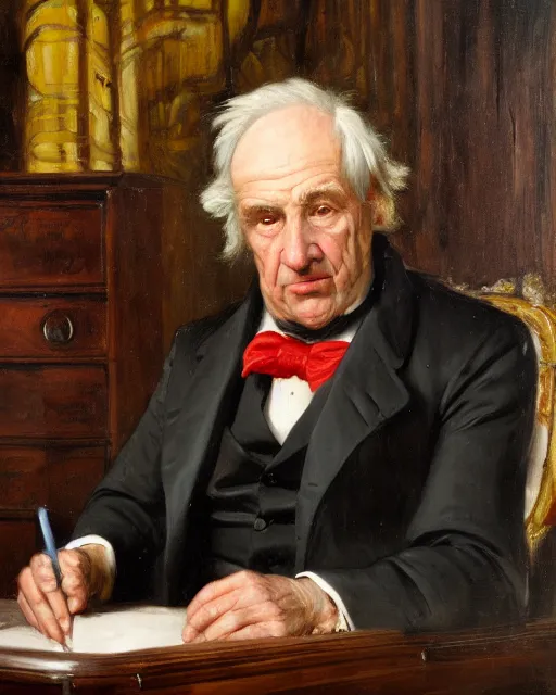 Image similar to facial portrait of the united states president, an ugly 7 8 year old wrinkled man for arizona, resolute desk, 1 8 4 8, oil on canvas by william sidney mount, trending on artstation, national archives