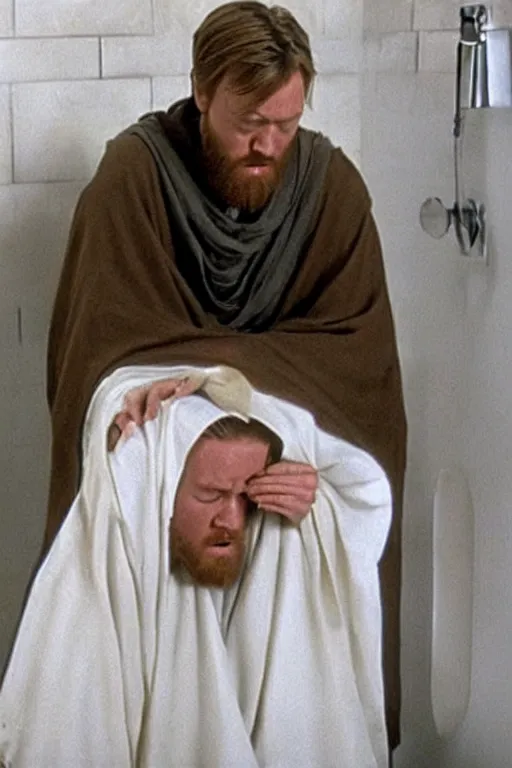 Prompt: Obi-Wan crying with a look of anguish on the toilet after realising there's no more toilet paper