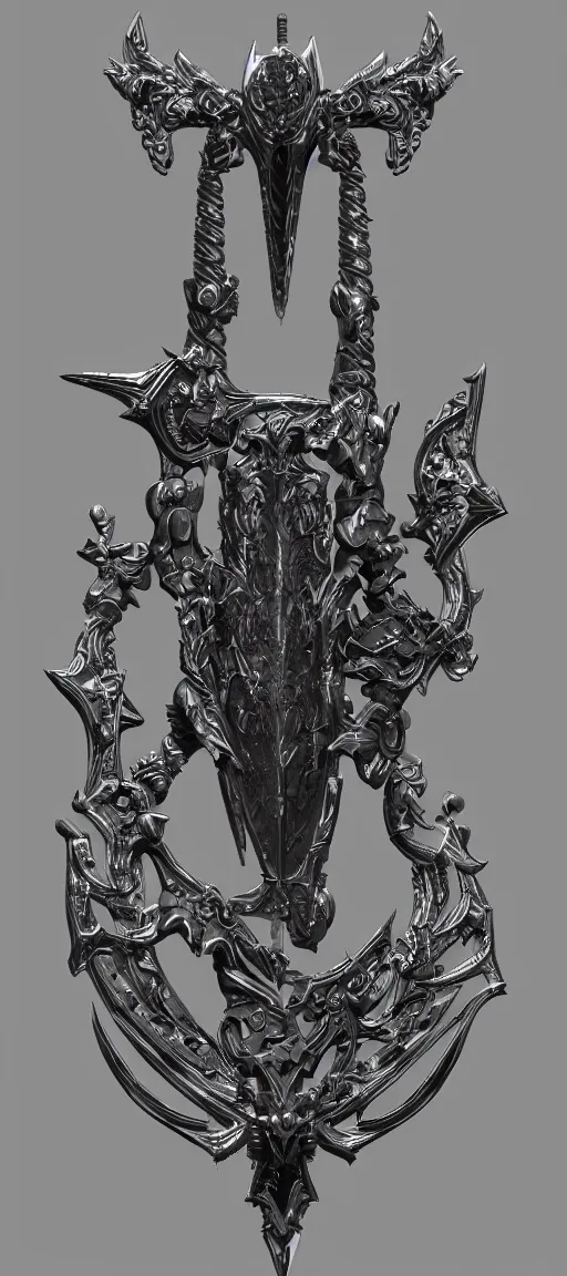 Image similar to a black and silver sword skull crest, orthographic, ornament, weapon, a 2 d render by dom qwek, front side, concept art, trending on polycount, artstation, hard surface modeling, rendered in maya, zbrush, hd, vray, blizzard, symmetry