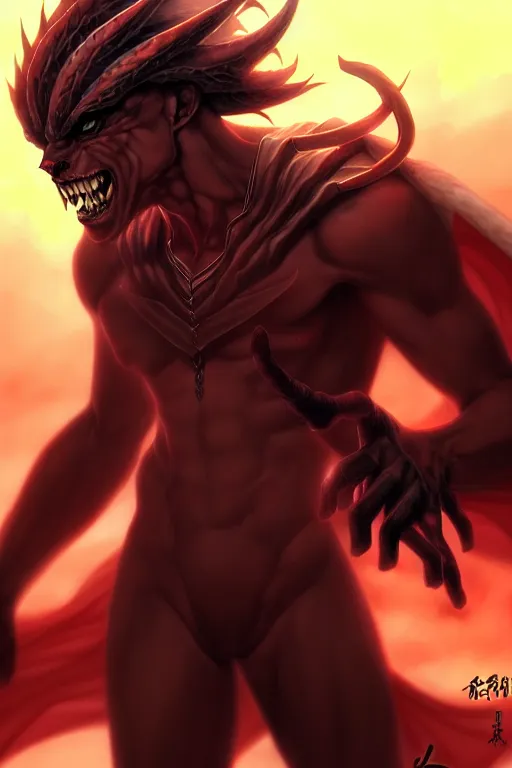 Prompt: handsome young demon king man only scenery wallpaper aesthetic, dark saturated colors, demonic, cinematic, powerful, super detailed and intricate, elegant, hyper realistic, by artgerm, by kyoung hwan kim, by ralph mcquarrie, by yoshiyuki tomino