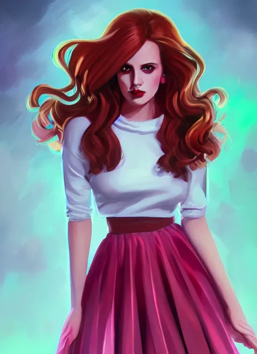 Image similar to full body portrait of teenage cheryl blossom, bangs, green eyes, sultry expression, red hair, sultry smirk, bangs and wavy hair, pink skirt, intricate, elegant, glowing lights, highly detailed, digital painting, artstation, concept art, smooth, sharp focus, illustration, art by wlop, mars ravelo and greg rutkowski