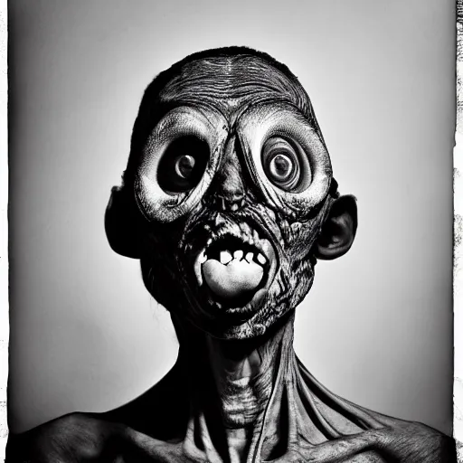 Image similar to artistic photoshoot of a mothan hybrid, grotesque, body horror, mutant shaming, creepy, terrifying, 8 k hdr 8 0 mm wide angle portrait, high contrast black and white, insectoid n