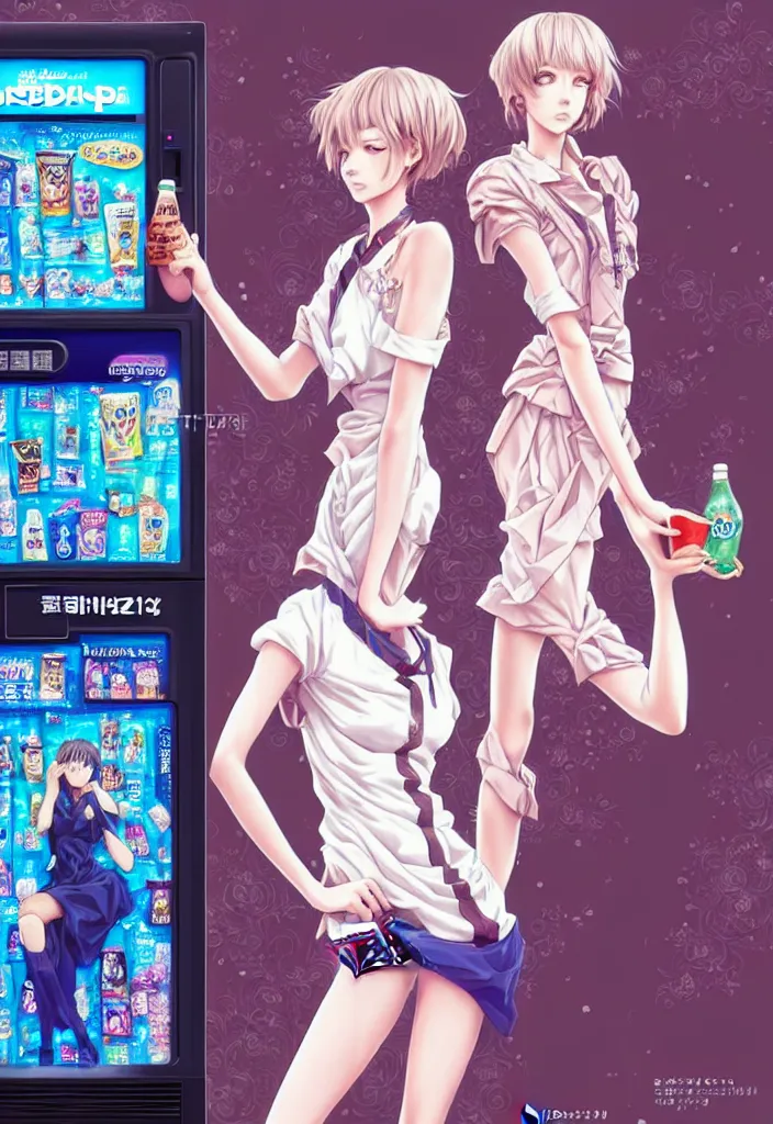 Image similar to two beautiful full body portrait anime females with short hair, fashion model bodies, standing in front of a vending machine in downtown Tokyo, drinking soda, D&D, fantasy, intricate, elegant, highly detailed, digital painting, artstation, concept art, smooth, sharp focus, illustration, art by artgerm and KyuYong Eom and WLOP and Krenz Cushart and greg rutkowski and alphonse mucha