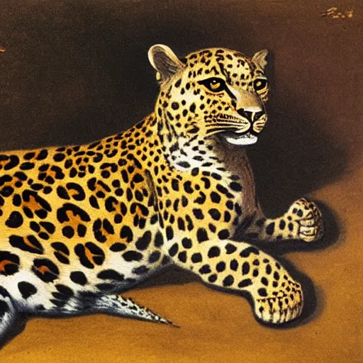 Image similar to a painting of a leopard sitting on the ground, an illustration of by charles maurice detmold, deviantart, qajar art, photoillustration, grotesque, full body