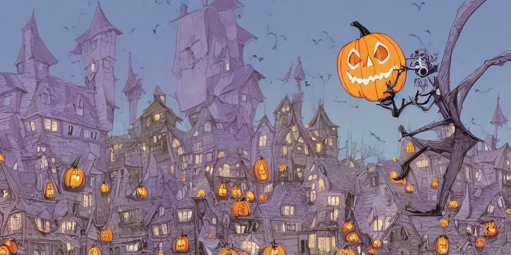 Image similar to a study of cell shaded cartoon of halloween town from tim burtons nightmare before christmas, illustration, wide shot, muted colors, concept art by josan gonzales and wlop, by james jean, victo ngai, david rubin, mike mignola, laurie greasley, highly detailed, sharp focus, trending on artstation, hq, deviantart, art by artgem