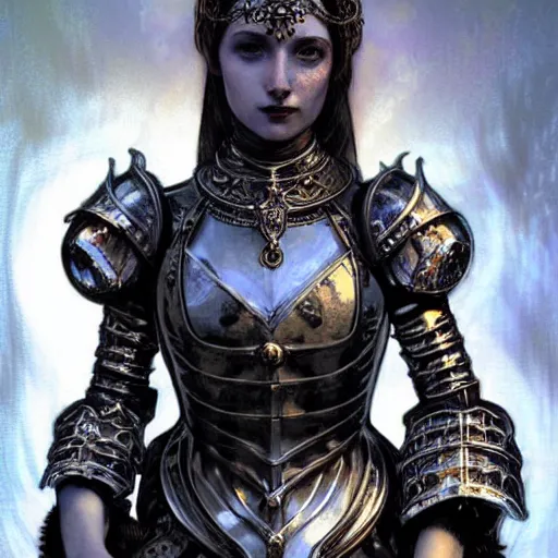 Image similar to beautiful victorian and luxury and goddess and gothic female medieval Black armor knight portrait+shiny eyes+front face with light flowing hair, ultradetail face, ruined gothic cathedral, art and illustration by tian zi and craig mullins and WLOP and alphonse mucha, ssci-fi, fantasy, intricate complexity, human structure, hypermaximalist, fantasy character concept, dynamic lighting, neon light, watermark, blurry, hyperrealism 8k