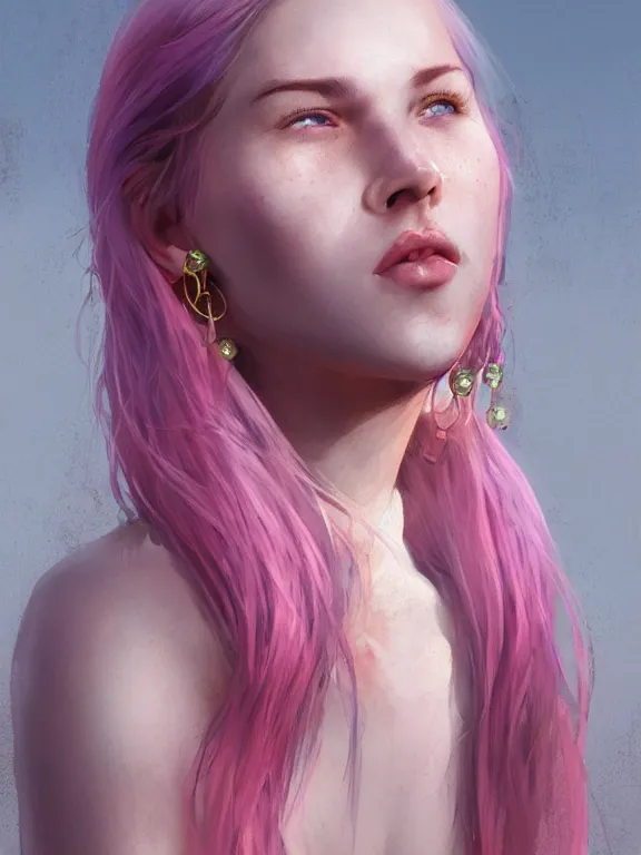 Image similar to beautiful russian girl with cute freckles and short faintly colored in pink hair and nose piercing, thin round earrings, winds of winter, au naturel, hyper detailed, digital art, trending in artstation, cinematic lighting, studio quality, smooth render, octane rendered, concept art, sharp focus, illustration, art by artgerm and greg rutkowski and wlop
