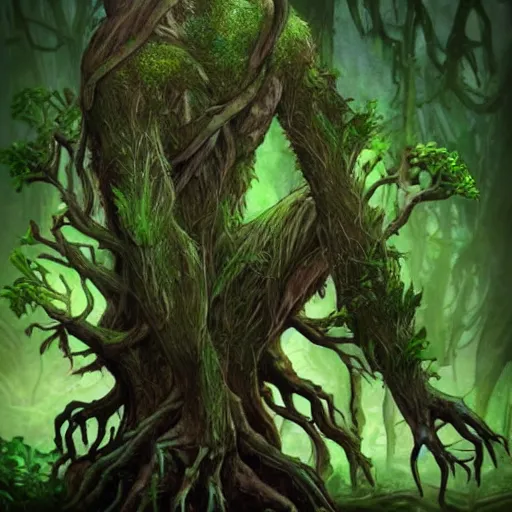 Image similar to giant green old treant creature, elven treant made of leaves and roots, old elven treant, old humanoid ents, elven face, old human face, old humanoid treant, epic fantasy style, green theme, forest background, hearthstone artwork