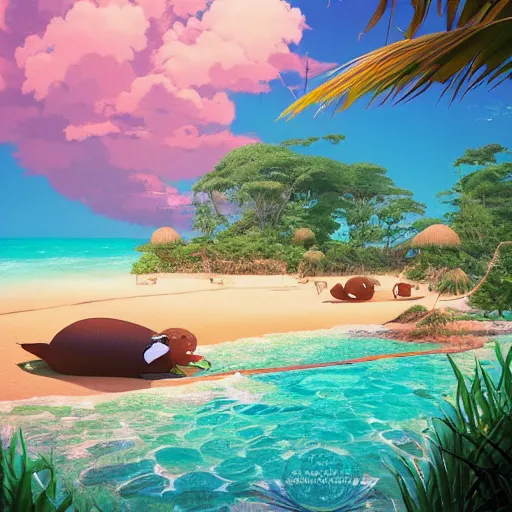 Prompt: “studio ghibli, tropical beach with capybara, optimist future by Asher durand, intricate artwork by tooth wu and wlop and beeple and Dan Mumford and Greg rutkowski and nekroxiii, octane render, cinematic, hyper realism, 8k, vibrant”