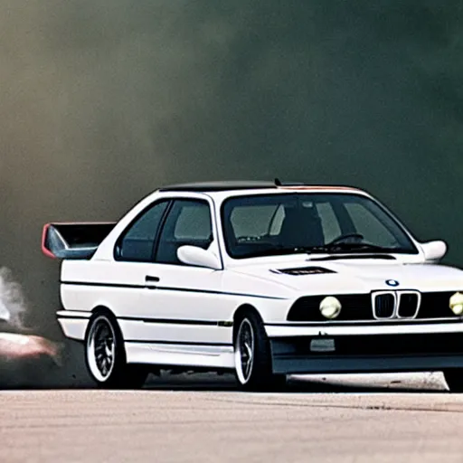 Prompt: bmw m 3 e 3 0, spewing black smoke from exhaust, angry greta thunber in foreground