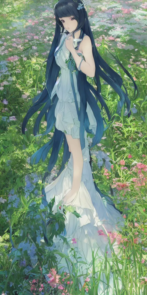 Image similar to a digital art of a loli with long hair in a dress, privet garden, after noon, green and blue and warm theme, back lighting, highly detailed, 4 k resolution, trending on art station, elegant, depressed, melancholic, by krenz cushart and mucha and akihito yoshida and greg rutkowski and makoto shinkai