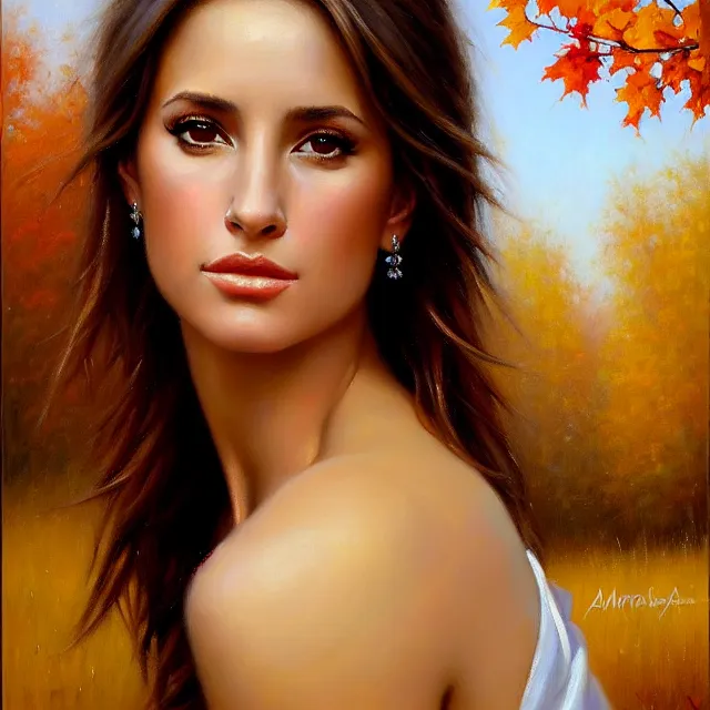 Prompt: stunning serene portrait of Ashley Adams by Mark Arian, oil on canvas, masterpiece, realism, piercing gaze, autumn bokeh