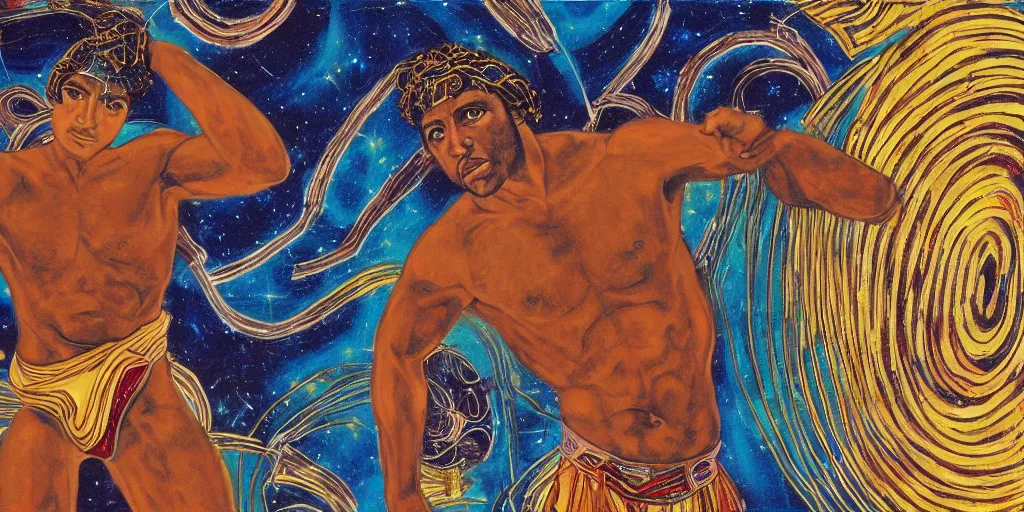 Image similar to an abstract space station background, a multiracial greek god dancing, clear eyes. 2 4 mm, photorealistic, muted color scheme, directed by mati klarwein