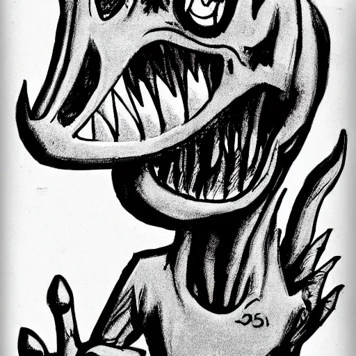 Prompt: a Pop Wonder scary horror themed goofy-hilarious-character-dinosaur-demon, dime-store-comic drawn with charcoal and pen and ink, half-tone-line-stacking