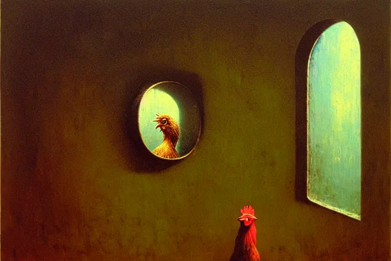 Image similar to a chicken trapped inside a mirror, beksinski, oil painting