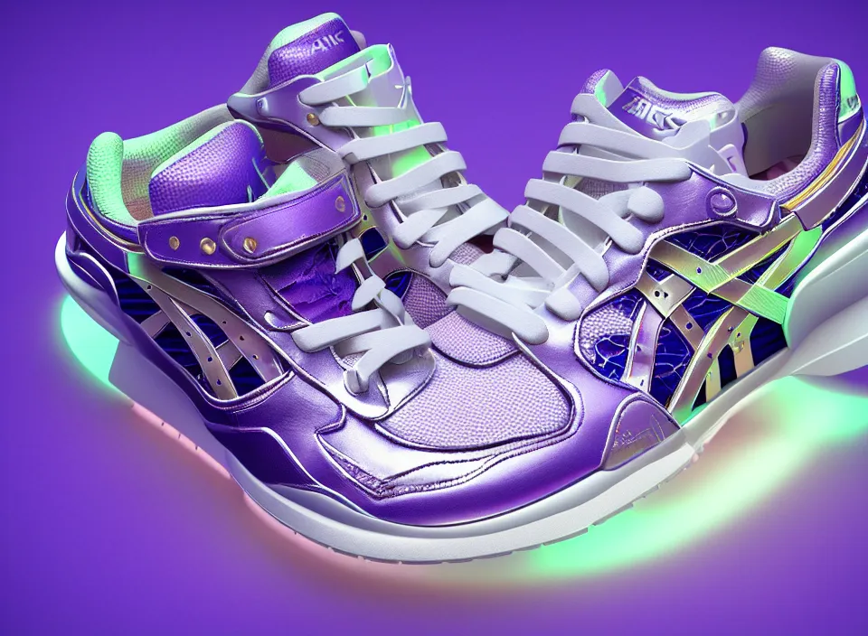 Prompt: realistic 3 d render of a futuristic sneaker, beautiful studio lighting, soft, sharp focus, neon glowing lines, intricate detail, purple and blue leather, soft white rubber, shiny plastic, hexagon mesh, gold filigree, octane render, side view, close up, trending on artstation, deviantart, nike, asics, salomon