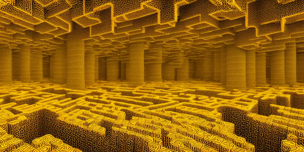 Prompt: deep twisting communal hive maze of yellow tubes and warm light, award winning art, epic dreamlike fantasy landscape, art print, science fiction, ultra realistic,