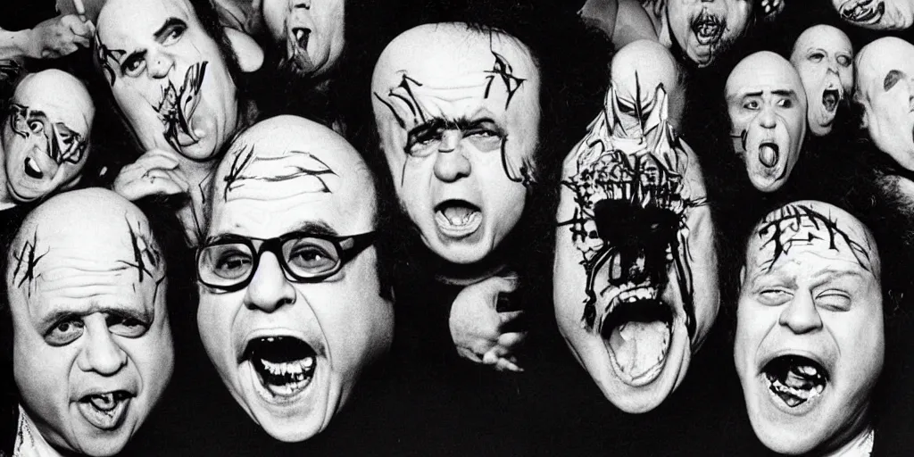 Prompt: Danny DeVito coneheads punk rock band, 1980s surrealism aesthetic, detailed facial expressions