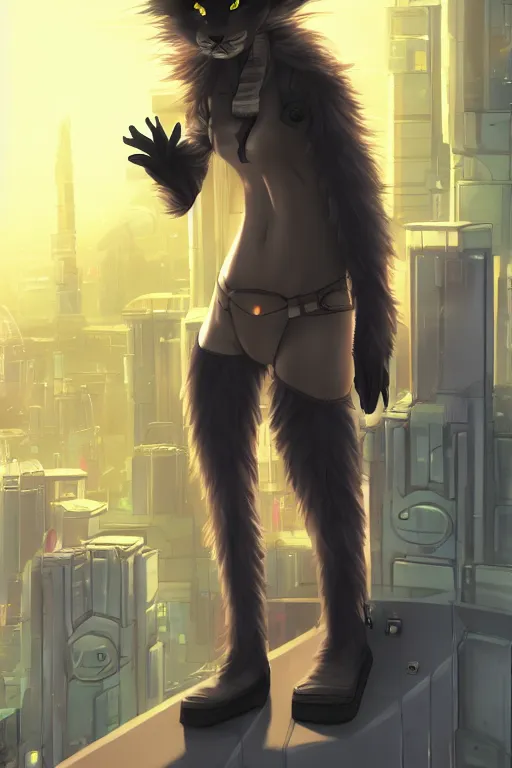 Prompt: a cyberpunk anthropomorphic cat with a fluffy tail staring over a futuristic city from the top of a roof, comic art, trending on furaffinity, cyberpunk, backlighting, cartoon, by kawacy