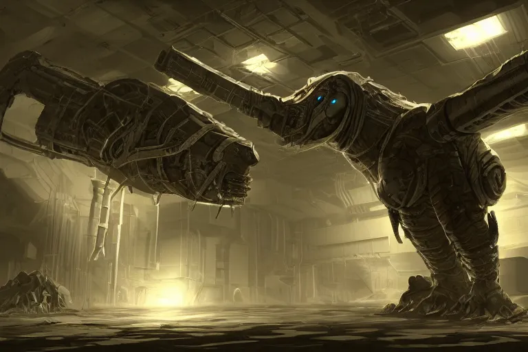 Prompt: parallax datacenter server room single mono colossus white rusty android robosaurus artstation cinematic detailed concept art volumetric light sharp coherent cgsociety symmetric perfect well balanced shadows lotr alien