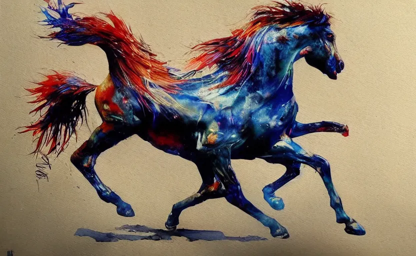 Image similar to a painting of pepsihorse trending on artstation in the style of greg rutkowski, 3 d, watercolor, beautiful, horse, pepsi, fluid