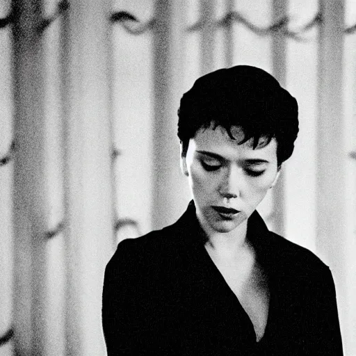 Prompt: intimate movie still of scarlett johansson in wong kar wai in the mood for love