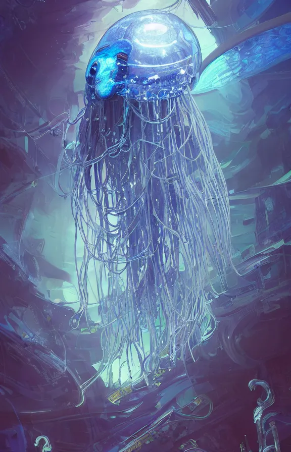 Image similar to Panorama hyper detailed painting of a cyberpunk jellyfish, blue tones, underwater, 8 mm, highly detailed, digital painting, artstation, concept art, smooth, sharp focus, illustration, art by artgerm and greg rutkowski and alphonse mucha