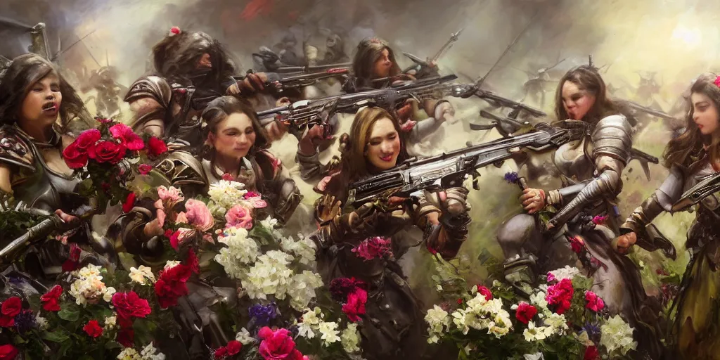 Prompt: warhammer battle sisters aiming their rifles at a bouquet of flowers. by Daniel F. Gerhartz, hyperrealistic oil painting, 4k, studio lightning, very detailed, rtx on